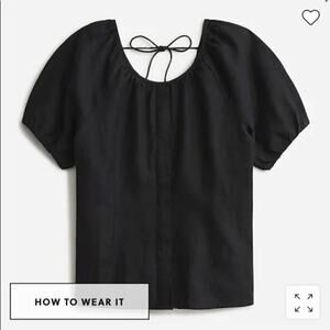 J. Crew Sz 8 Black 100% Linen Puff Sleeve V Back Top Blouse Button Front